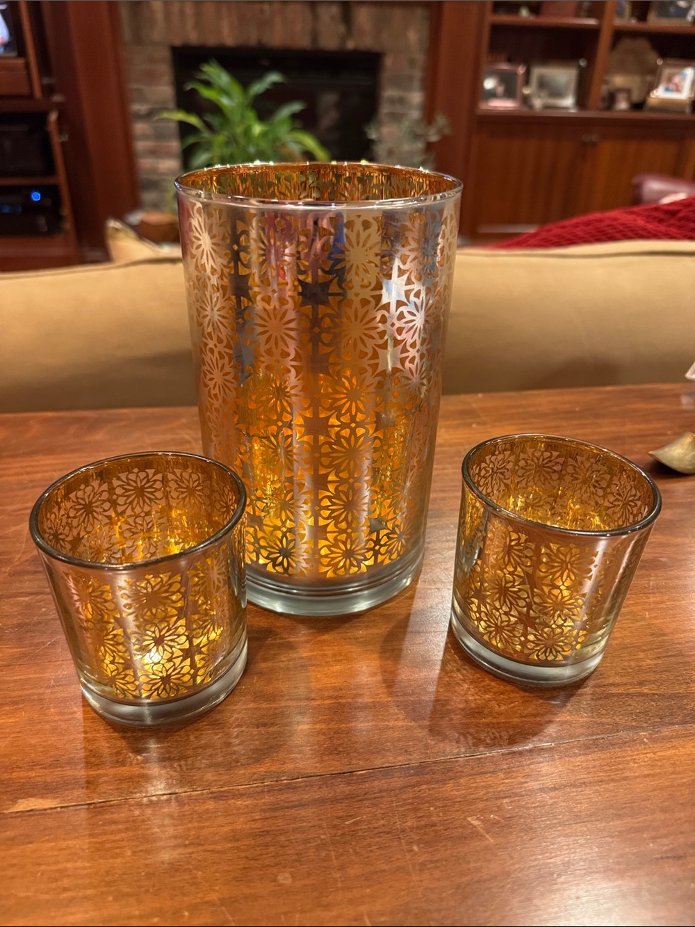 RARE Crate&Barrel Raj Hurricane + 2 Matching Votive Candle Holder Gold Silver